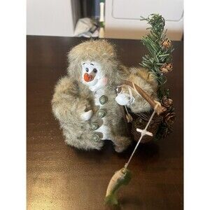 Christmas Decoration 6" Snowman in Fur Trimmed Coat with Fishing Pole and fish